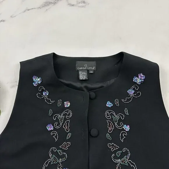 Carole Little Womens Vintage 90s Beaded Vest Size 14 Black Purple Floral Sequins - Picture 2 of 10